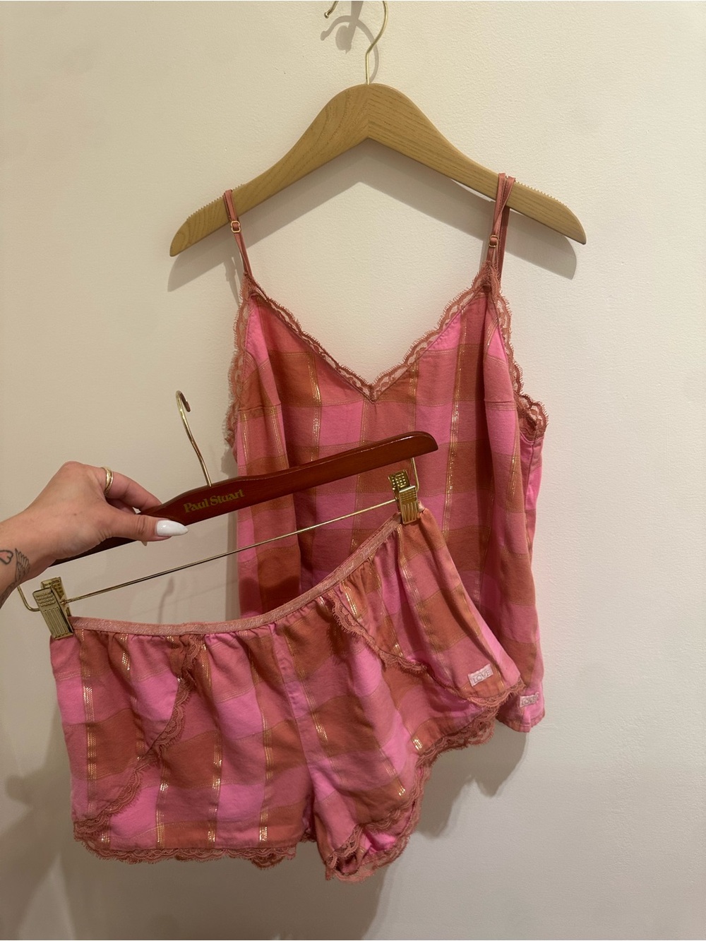 Victoria's Secret Pink & Gold Plaid Lace-Trim Cami and Shorts Set M/L